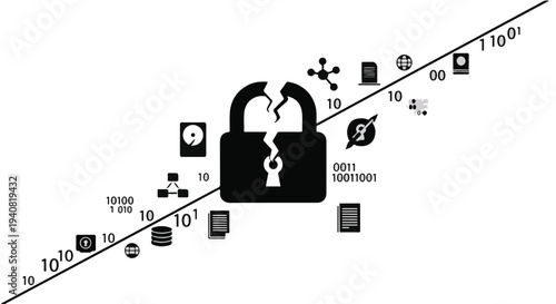 Cyber security concept with broken padlock and binary code on diagonal line with icons, representing data protection and hacking vulnerability in digital technology