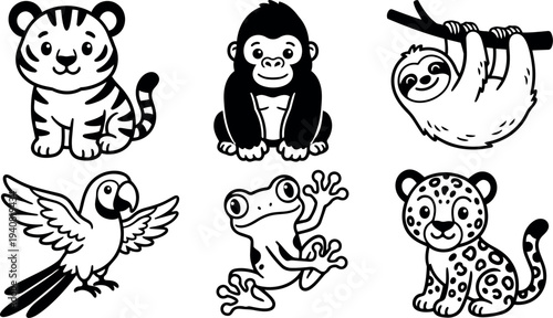 Line art cute jungle animal set showing tiger cub gorilla baby sloth parrot tree frog and leopard cub in grid
