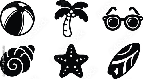 Black silhouette icons of beach ball palm tree sunglasses shell starfish and surfboard set on white background summer holiday theme