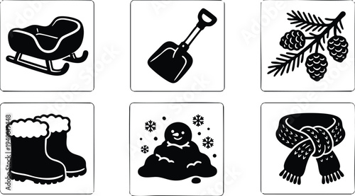 Black and white vector icons of winter sled shovel pine cones warm boots snowman and knitted scarf in simple bold silhouette style isolated design set