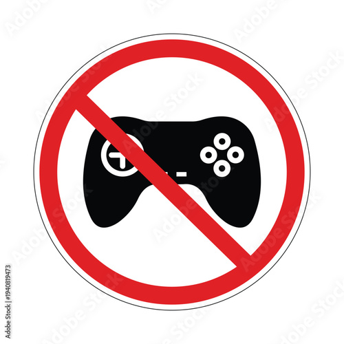 No gaming sign, gaming prohibited symbol, red circle prohibit video game controller icon, crossed gamepad ban sign, no video games warning label, restriction symbol, flat vector isolated illustration
