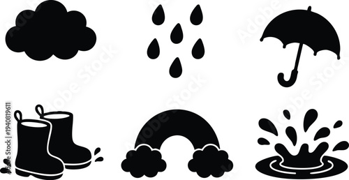 Simple black silhouette icons of raincloud water drops umbrella rubber boots puddle splash and rainbow with clouds in flat vector design style isolated on white background