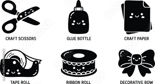 Cute smiling craft scissors glue bottle tape roll ribbon roll and decorative bow black silhouette icons set isolated on white background creative flat design vector art