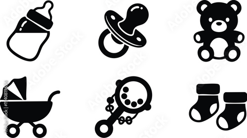 Black baby bottle pacifier teddy bear stroller rattle and socks icons set simple flat design collection for child care and newborn essentials vector illustration