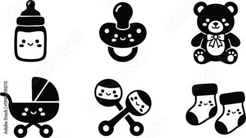 Cute black and white vector icons of smiling baby bottle pacifier teddy bear stroller rattle and socks with friendly faces in simple flat design style