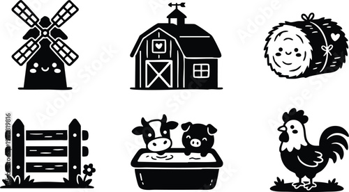Cute black and white vector art set of farm elements with smiling windmill barn hay bale wooden fence cow pig in trough and rooster standing on grass
