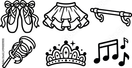 Line art ballet icon set showing detailed pointe shoes tutu barre ribbon wand tiara and music notes on white background