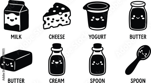 Cute black and white kawaii style dairy products icons including smiling milk carton cheese wedge yogurt cup butter sticks cream bottles and spoons vector design