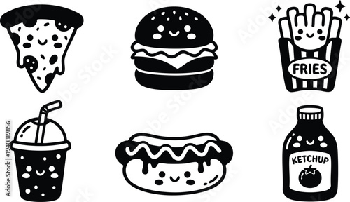 Cute smiling pizza slice hamburger french fries soda drink hotdog and ketchup bottle cartoon style black and white vector icons fun fast food set