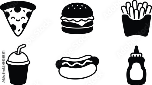 Minimalist black and white fast food icons set including smiling pizza slice burger sandwich hot dog french fries drink and sauce bottle in flat design