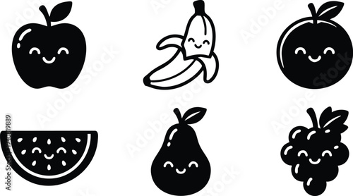 Cute smiling fruit icons apple banana orange watermelon pear and grape in black and white vector art style simple playful design for children and fun