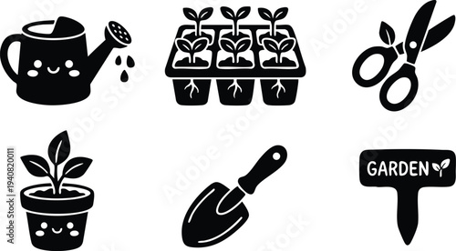 Cute black gardening icons set including watering can watering seedlings sprouting in seed tray plant pot with leaves garden shears spade and garden sign with text in flat vector design style
