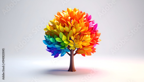 Colorful rainbow tree with vibrant leaves isolated on white backdrop for graphic design use