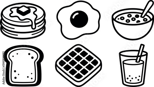 Line art breakfast icon set close up six simple food icons pancakes egg cereal toast waffle and drink arranged on white