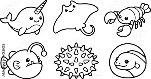 Kawaii line art layout of six smiling sea creatures narwhal manta ray lobster anglerfish pufferfish eel simple vector