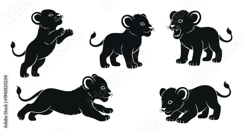 Playful Lion Cubs Silhouette Collection: Five Adorable Poses