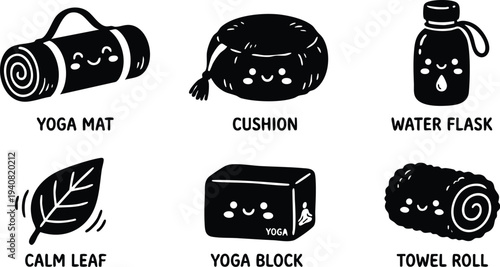 Cute black and white cartoon style yoga mat cushion water flask calm leaf yoga block and towel roll icons with smiling faces simple vector art design