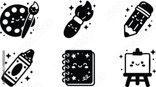 Cute kawaii style vector icons of smiling art palette brush paint tube pencil crayon notebook and easel set with sparkle decorations
