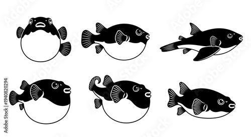 Pufferfish Collection: Six Diverse Illustrations of Pufferfish in Black and White