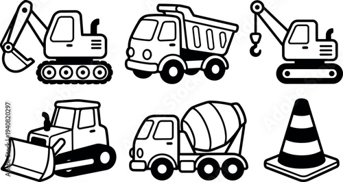 Line art bold vector construction vehicles icon set showing excavator dump truck crane bulldozer cement mixer and cone top view