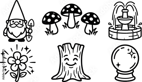 Line art icon set smiling gnome with shovel spotted mushrooms garden fountain magical crystal ball happy tree stump sparkling flower