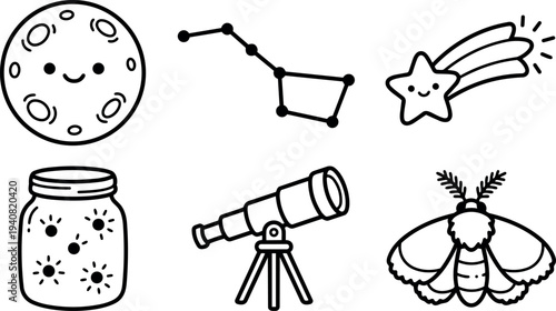 Whimsical kids doodle set of celestial icons moon smiling, big dipper constellation, shooting star, firefly jar, telescope, moth in outline