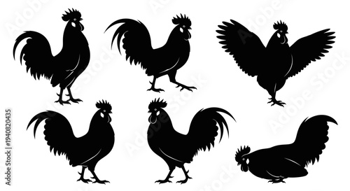 Rooster Silhouettes Collection: Diverse Poses of Farm Birds