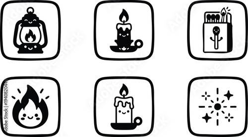 Cute black and white vector icons set featuring smiling lantern fire candle matchbox flame and spark elements with simple outline in square frames