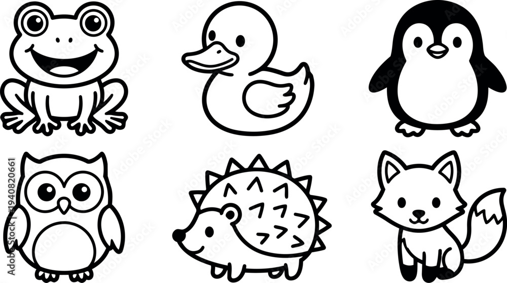 Obraz premium Line art kids doodle animal icon set with frog, duck, penguin, owl, hedgehog and fox in cute front facing grid layout