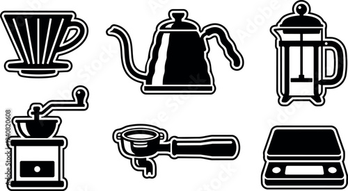 Bold outline vector sticker set of coffee equipment showing gooseneck kettle, pour over dripper, french press, grinder, portafilter, scale isolated icons