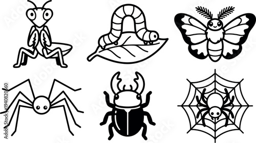 Line art insect icon set featuring praying mantis caterpillar moth spider scarab and webbed spider simple black vector illustrations collection