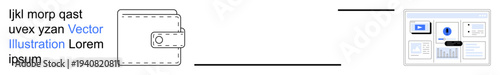 Digital payments, e-commerce, online transactions, cybersecurity, user interface, fintech. A digital wallet icon next to a financial dashboard. Digital payments and e-commerce concept