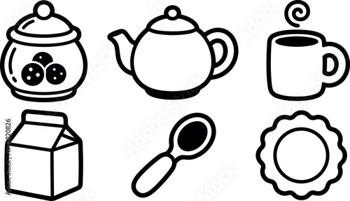 Minimalist line art kitchen icon set showing teapot and steaming mug with milk carton spoon jar of cookies scalloped plate