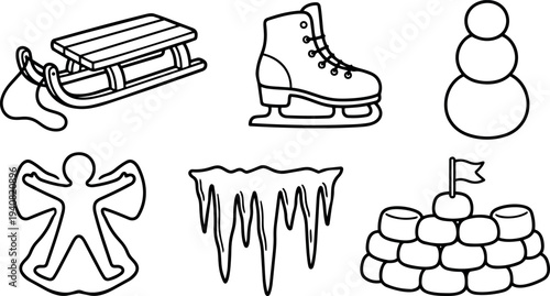 Line art winter icon set with sled, ice skate, snowman, snow angel, icicles and sled rope simple outline black vector