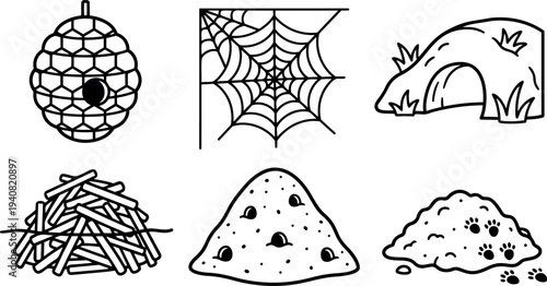 Minimal line art wildlife shelter icon set showing beehive spider web burrow stick nest anthill molehill in simple outline style