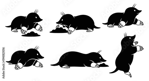 Set of 6 Black Moles Digging and Moving in Different Poses, Isolated on White