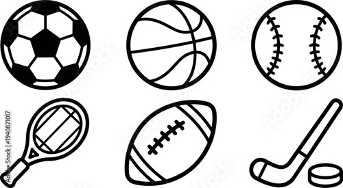 Flat line art sports icon set six black outline balls and equipment including soccer basketball baseball tennis football hockey stick