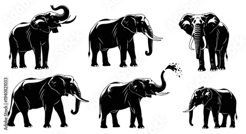 Set of African Elephant Silhouettes, Various Poses, Vector Illustration