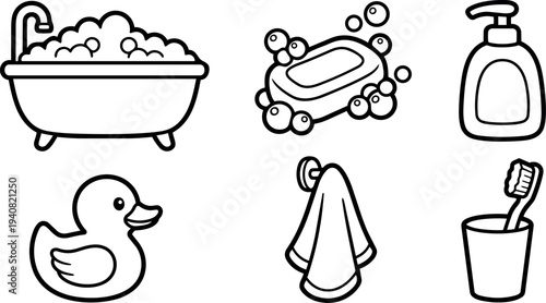 Line art bath icons set close up bathtub with bubbles rubber duck soap bar dispenser towel toothbrush in cup minimalist vector