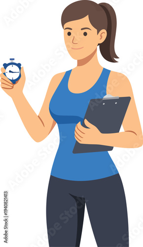 Female Personal Trainer Holding Stopwatch and Clipboard Vector Illustration
