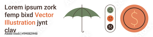 Financial security, mood assessment, protection, risk management, decision-making, well-being. Umbrella with a mood meter and a coin symbol. Financial security and mood assessment