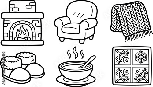 Line art cozy winter icons set featuring fireplace armchair blanket slippers steaming soup and snowy window in simple black outline