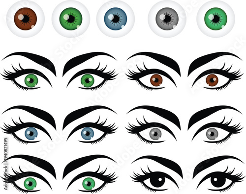 Stylized female eyes vector illustration set with various iris colors and eyelash styles beauty and makeup design elements