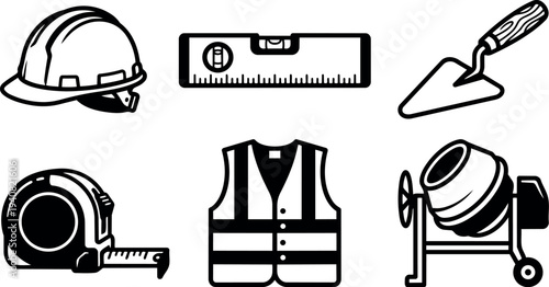 Flat design construction icon set close up hard hat and safety vest with level tape measure trowel and cement mixer vector