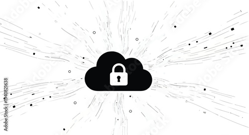 Cloud computing security concept with padlock and dynamic lines, symbolizing data protection and cyber safety in modern technology
