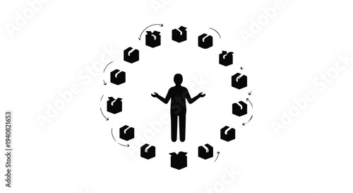 Businessman surrounded by multiple clocks, representing time management, productivity, and multitasking in modern corporate work environment