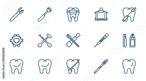 Dental care and repair tools icons for professional medical use