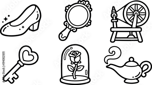 Line art fairy tale icon set glass slipper hand mirror spinning wheel heart key rose dome magic lamp