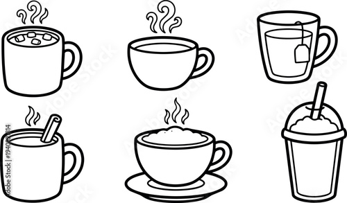Minimal line art vector coffee and tea icon set showing six cups and mugs with steam, tea bag, straw, saucer