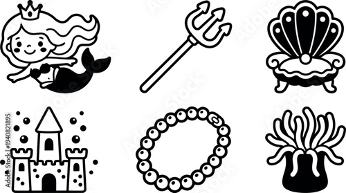 Flat design cute mermaid icon with sleeping mermaid, trident, shell throne, sandcastle, pearl necklace and anemone bold line vector art